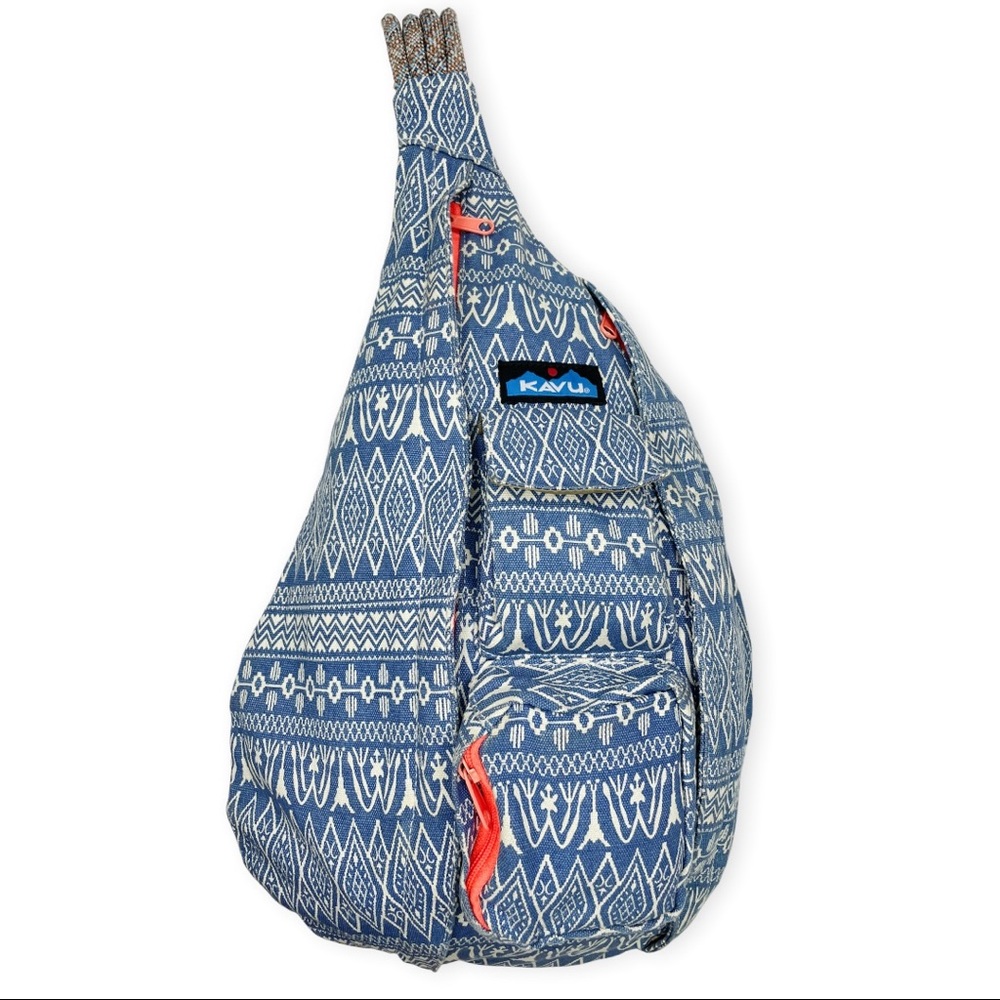 Kavu Blue and White Aztec Tribal Print Rope Rope Sling Bag Neon Contrast Detail